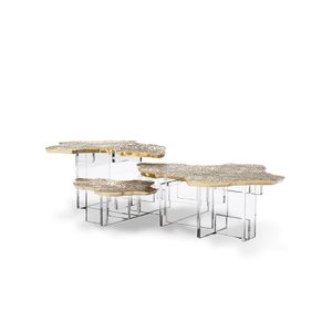 Acrylic base contemporary coffee table brass casting top monet center table